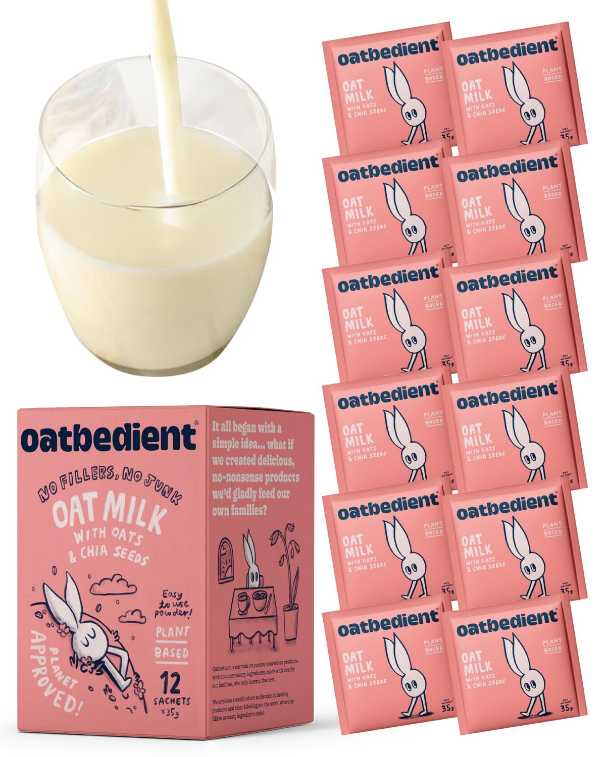 Oatbedient 10 oz Oat Milk Powder, 12 Sachets, Non-Dairy Milk Powder, NGMO, Vegan, No Preservatives, Lactose Free Milk