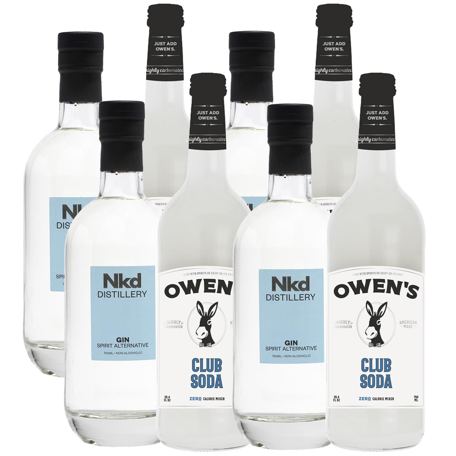 Nkd Distillery Gin Alternative Premium Non-Alcoholic Spirit 750 ML Bottles w Owen s Mixers Club Soda 750 ML Bottles - Perfect for Mocktails - Made in USA