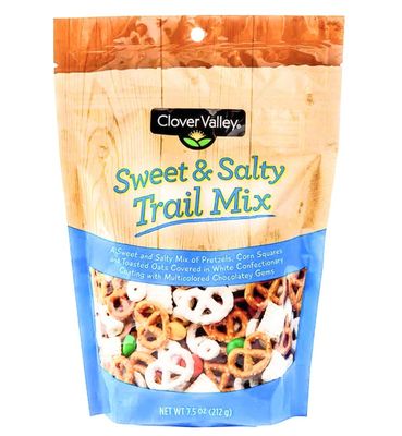 Clover Valley Sweet Salty Snacking Trail Mix - Re-Sealable Bag 7.5 oz - comes with Sweet Yogurt Covered Salty Pretzels, Zesty Corn Pieces, White Chocolate Oat Cereal Pieces, and Chocolate Coated Candy