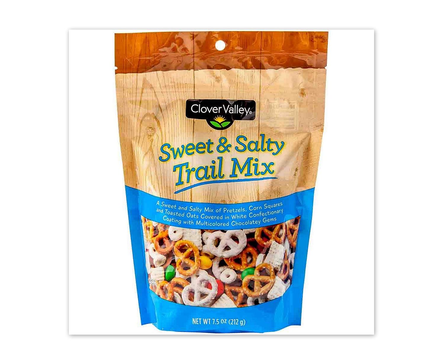Clover Valley Sweet Salty Snacking Trail Mix - Re-Sealable Bag 7.5 oz - comes with Sweet Yogurt Covered Salty Pretzels, Zesty Corn Pieces, White Chocolate Oat Cereal Pieces, and Chocolate Coated Candy