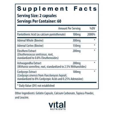 Vital Nutrients Adrenal Support Adrenal Support Supplements for Gland Function and Cortisol Management Supports Energy and Stress Levels Gluten, Dairy, Soy Free 120 Capsules
