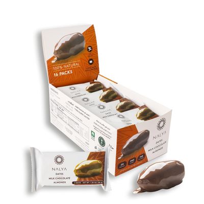 Nakheel Alya Milk Chocolate Almond Stuffed Dates, 16 Pieces - Nutrient-Rich Sweet Snack, Made with Whole Dates Nuts