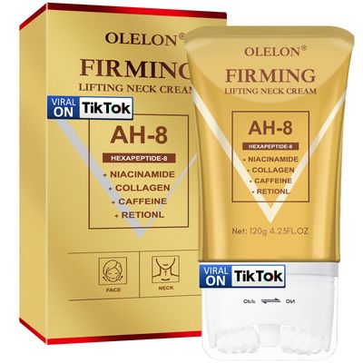 OLELON [2025 Upgrade] AH8 Firming Neck Cream with Roller - Tightening Lifting Cream for Sagging Skin, 8-HA Clockwise Neck Cream for Face Body Skin Tightening Cream with Massage Roller