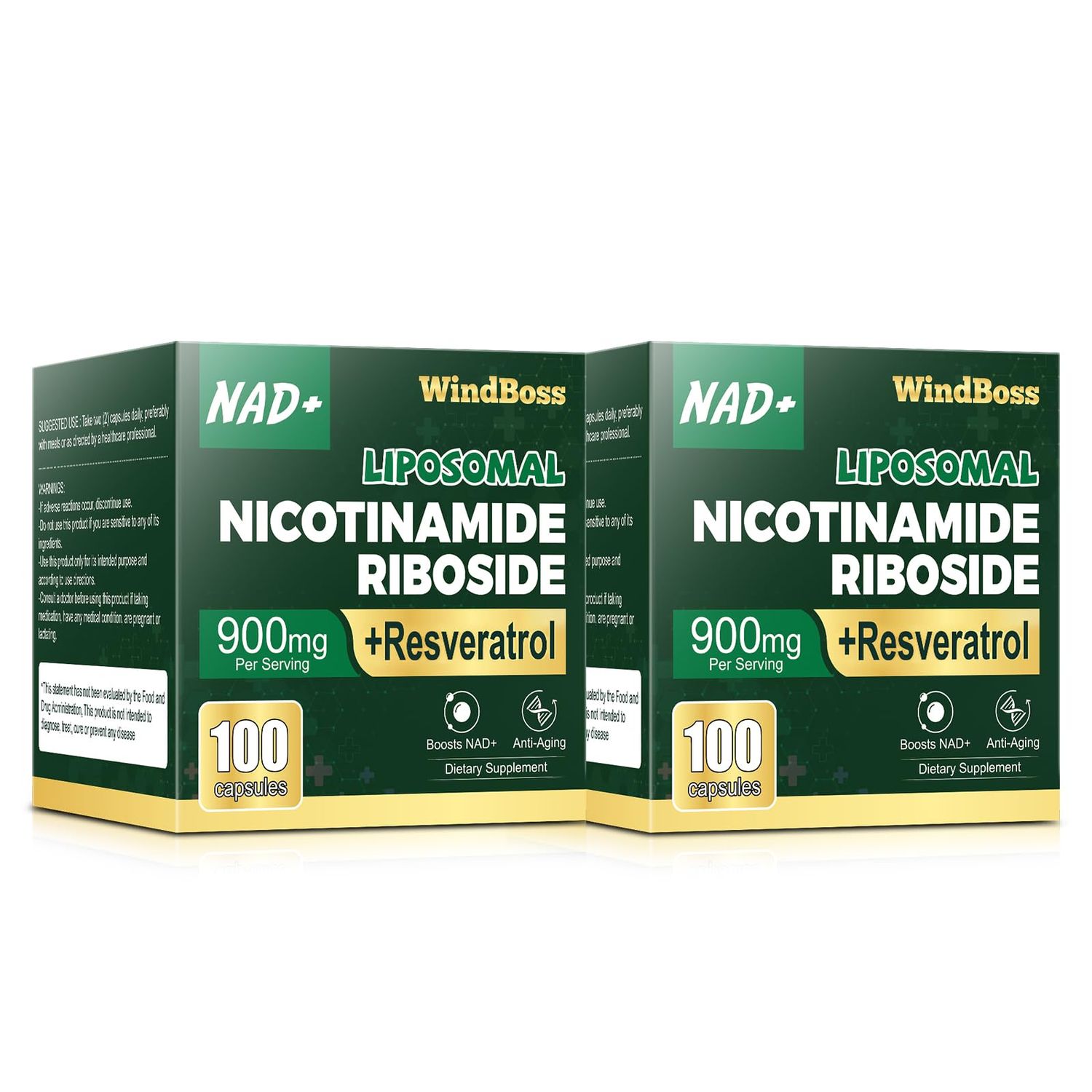 Windboss NAD Nicotinamide Riboside Resveratrol, Liposomal NAD Supplements for Women Men, NMN Supplement Alternative, NAD Supplement - 100 Capsules - 2pcs