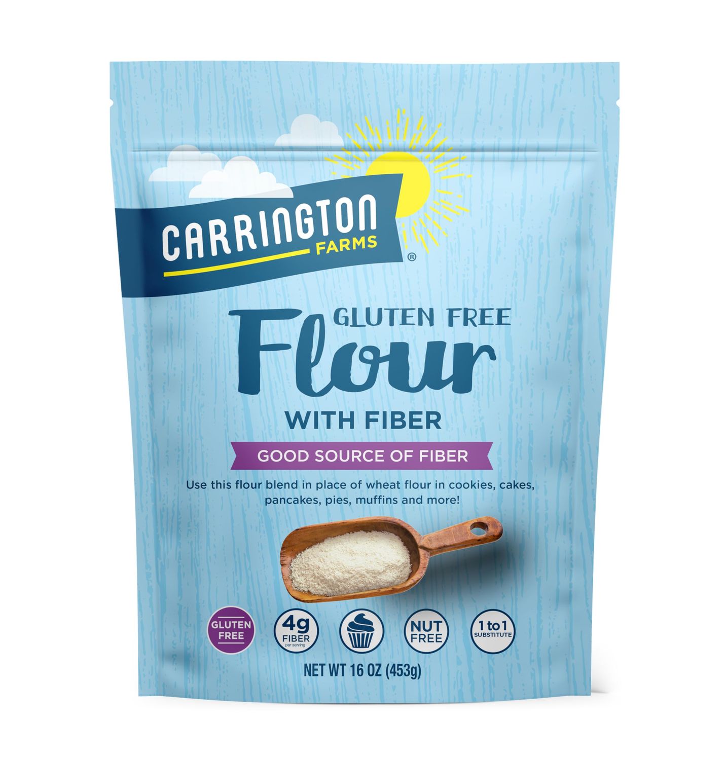 Carrington Farms Gluten Free Flour with Fiber - Nutritional Boost with Added High Fiber from Gluten Free Oats, Allergen Friendly, No Added Sugar - Nutrient Rich Flour for Baking Cooking (16 oz)