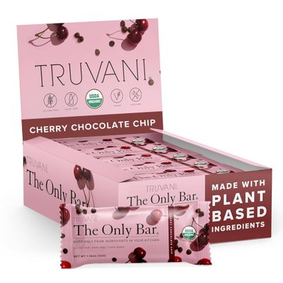 Truvani Plant Based Snack Bars Cherry Chocolate Chip 12 Pack 5g Protein USDA Organic and Vegan The Only Bar Dairy, Soy, and Gluten Free Individually Wrapped