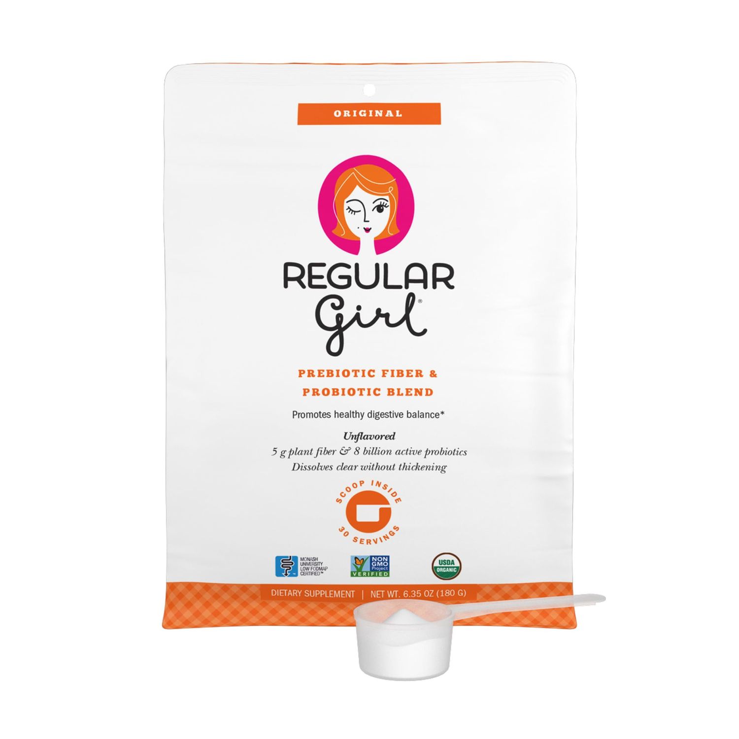 Regular Girl Organic Powder, Prebiotic Fiber Supplement and Probiotics for Women, Low FODMAP, 30 Servings, Unflavored
