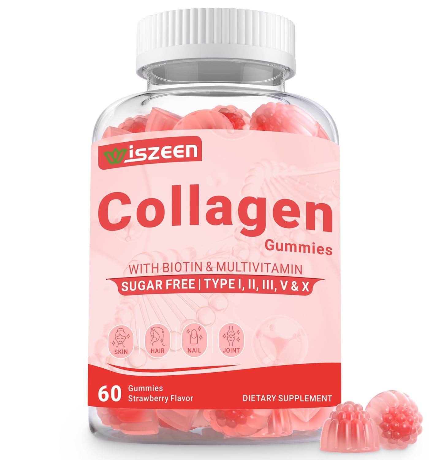 Collagen Gummies, Sugar Free Collagen Supplement for Women wHyaluronic Acid, Biotin, Vitamins C E - Skin, Hair, Nails Joint Support