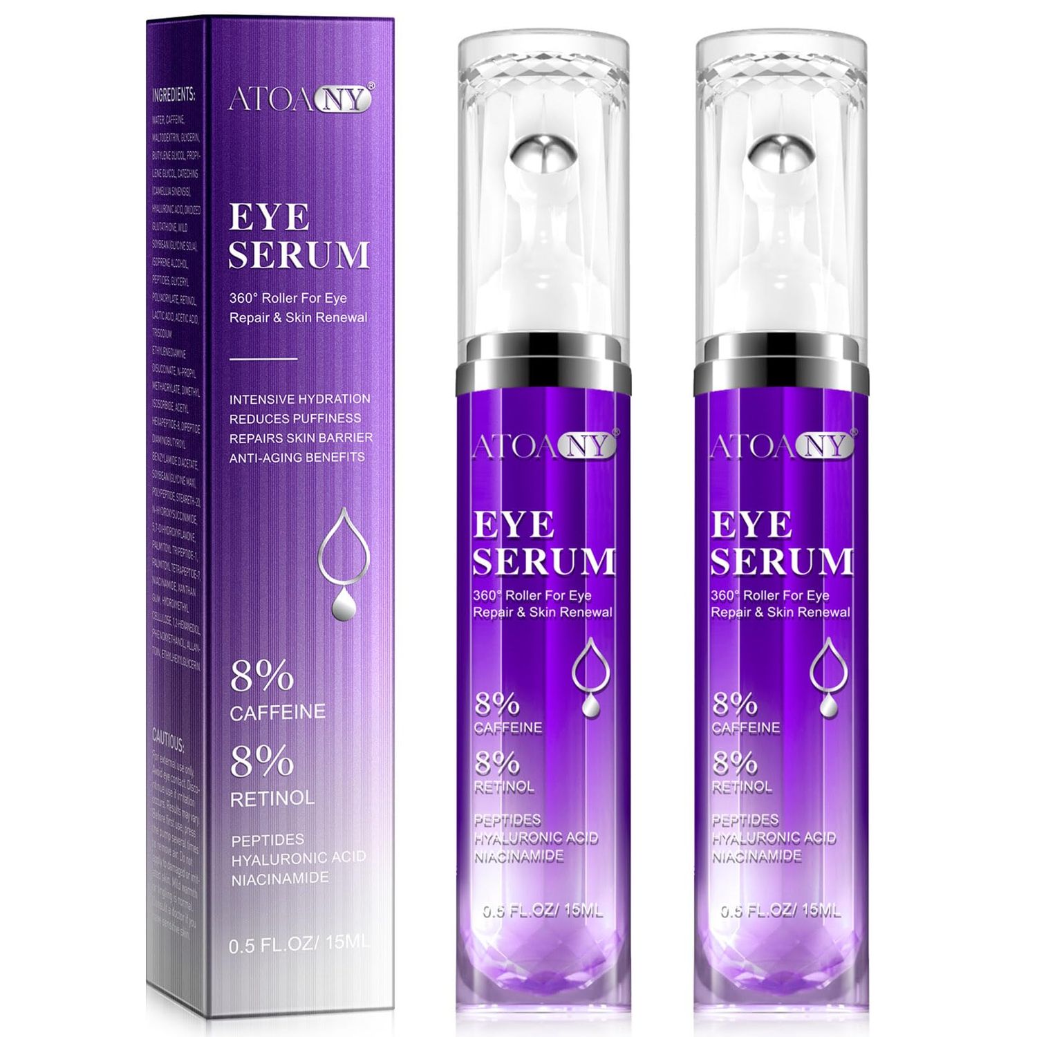 2 Packs Eye Serum for Dark Circles and Puffiness with 8 Caffeine 8 Retinol Hyaluronic Acid Niacinamide, Under Eye Cream Anti Aging for Puffiness and Bags with 360 Eye Roller Ball for Women Men