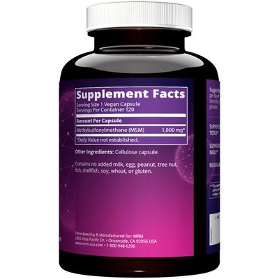 MRM Nutrition MSM 1000mg Methyl-sulfonyl-Methane Capsules Joint Health Hair Skin Nails Bioavailable Form of Sulfur Gluten-Free Vegan 120 Servings
