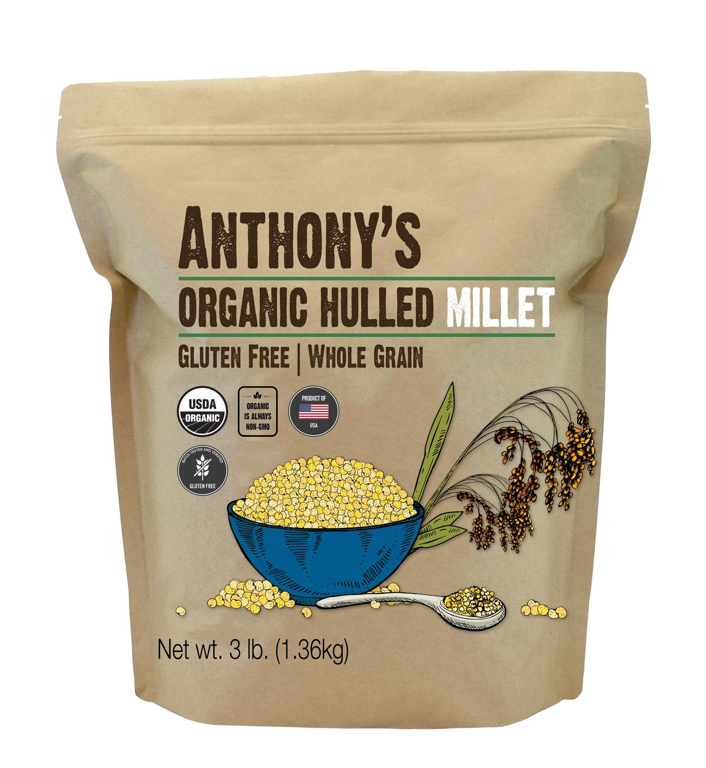 Anthony&#39;s Organic Hulled Millet, 3 lb, Gluten Free, Grown in the USA