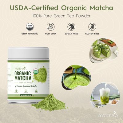 MatchAiA Premium Ceremonial Grade, USDA-Certified Organic Matcha, 100 Pure Green Tea Powder, First Spring Harvest, Sugar Free, Gluten Free (60g 2.1oz Tin Can)