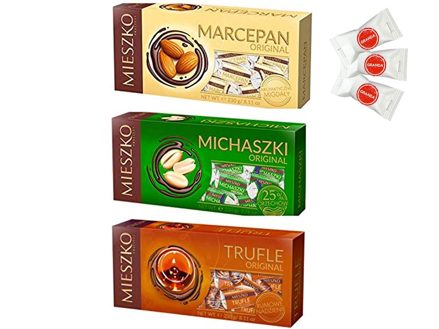 3PACK MIESZKO CHOCOLATE CANDY 3 PACK: MARCEPAN 230 g (8.11 oz) MICHASZKI 220 g (7.76 oz) TRUFLE 230 g (8.11 oz) Packing by GRANDA. Exclusive Granda Mint Candy Included.