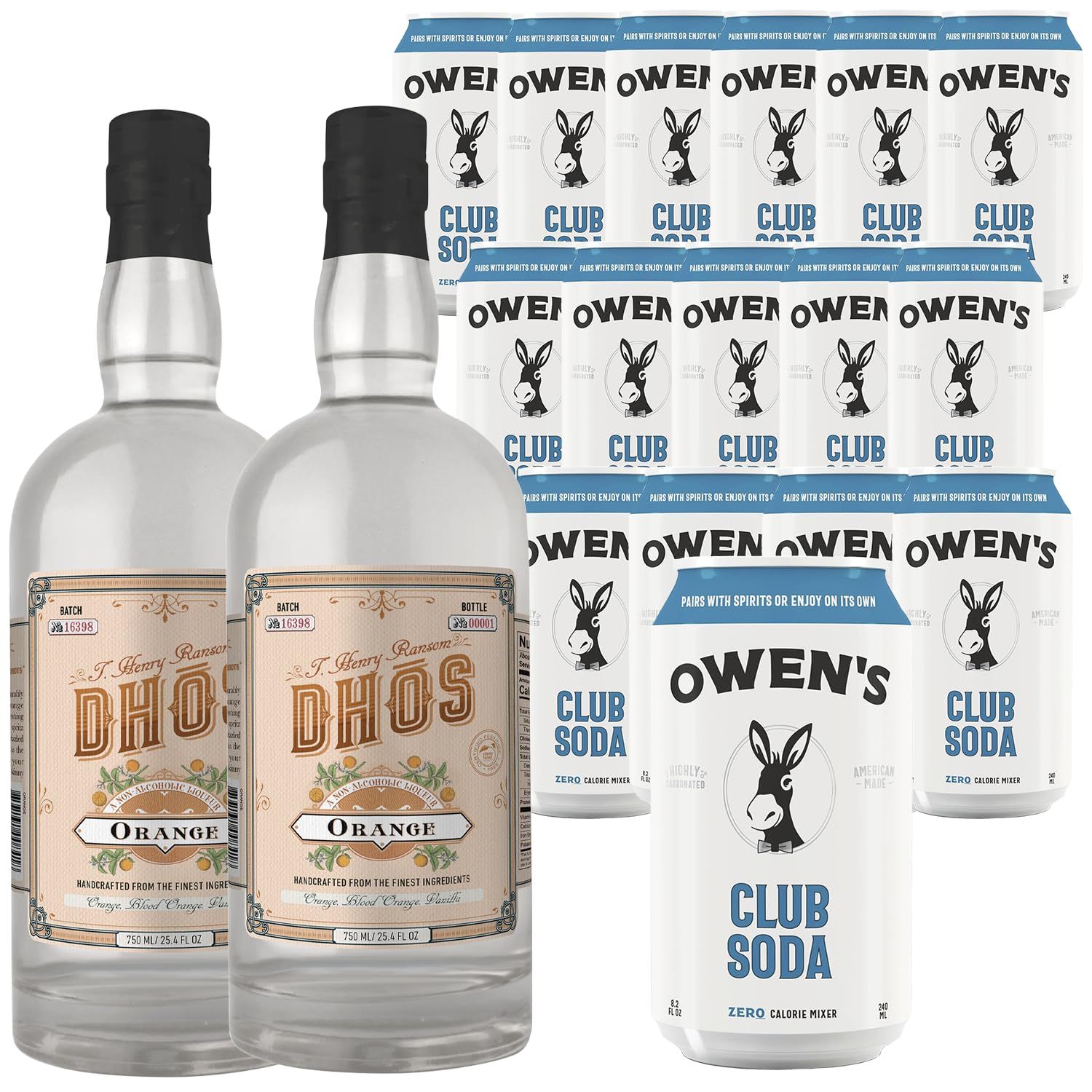 Dh s Handcrafted Non-Alcoholic Orange 750 ML Bottles w Pack Owen s Mixers Club Soda 8.2 OZ Cans - Keto-Friendly, Zero Sugar, Zero Calories, Zero Proof - Perfect for Mocktails - Made in USA