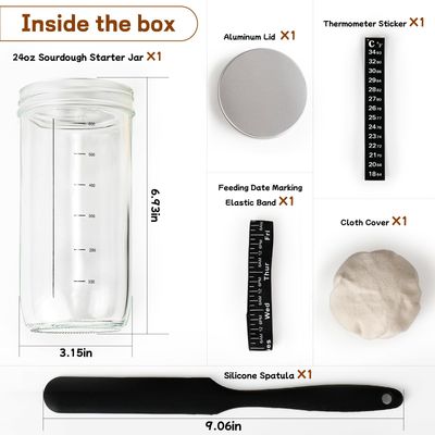 Sourdough Bread Baking Supplies,24 oz Sourdough Starter Jar Glass, Sourdough Starter Kit with Date Marked Feeding Band, Thermometer, Silicone Scraper, Sewn Cloth Cover Aluminum Lid, Sourdough Jar