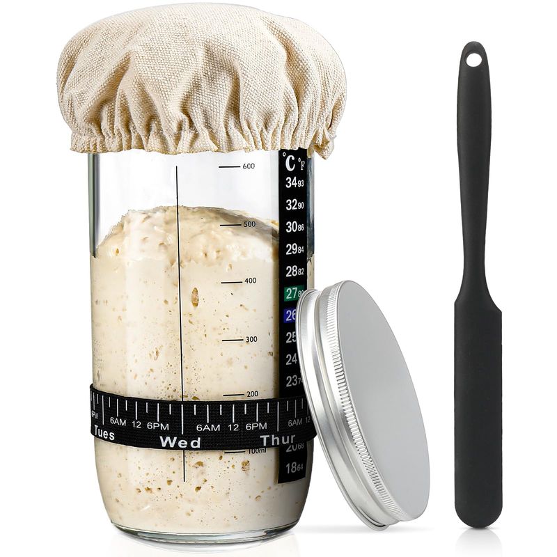 Sourdough Bread Baking Supplies,24 oz Sourdough Starter Jar Glass, Sourdough Starter Kit with Date Marked Feeding Band, Thermometer, Silicone Scraper, Sewn Cloth Cover Aluminum Lid, Sourdough Jar