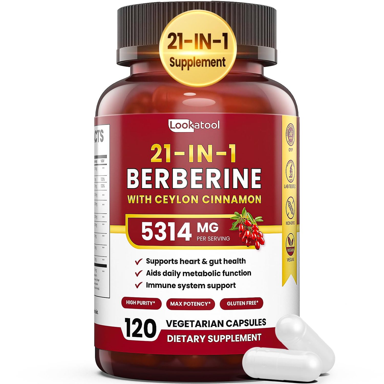 Lookatool 21-in-1 Berberine Supplement with Ceylon Cinnamon - 1500mg Organic Berberine HCL Phytosome, 5X Higher Absorption for Metabolism Support 100 Capsules