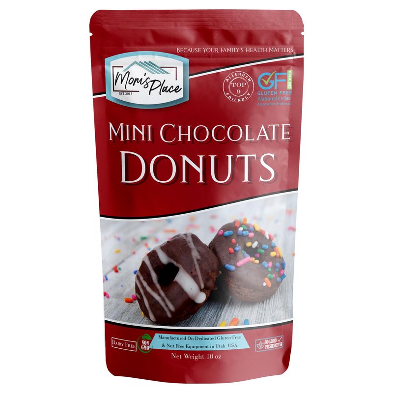 Mom&#39;s Place Gluten-Free Mini Chocolate Donut Mix, Makes 18 Servings, Nut Free, Dairy Free Soy Free, 10 oz.