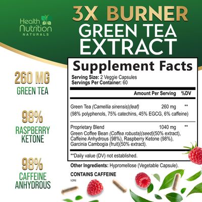 Green Tea Extract Pills - 98 Standardized EGCG 1300mg 3X Strength for Natural Energy - Supports Heart Antioxidant Health Herbal Immune Support Supplement Polyphenols Catechins - 120 Capsules