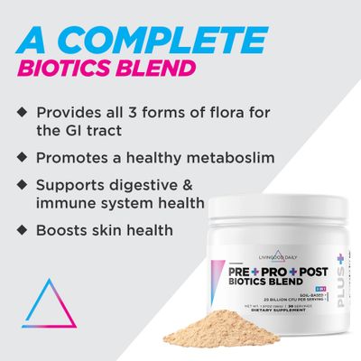 Livingood Daily Pre Pro Post Biotics Blend Powder, Digestive Health Supplement with Prebiotics from Organic Blue Agave Inulin, SBO Probiotics, Probiotics for Women Men, Non GMO, Vegan, 30 Servings