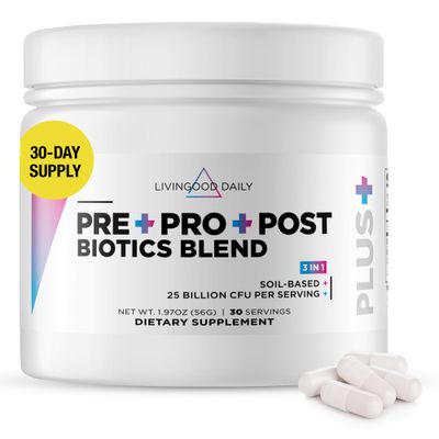 Livingood Daily Pre Pro Post Biotics Blend Powder, Digestive Health Supplement with Prebiotics from Organic Blue Agave Inulin, SBO Probiotics, Probiotics for Women Men, Non GMO, Vegan, 30 Servings