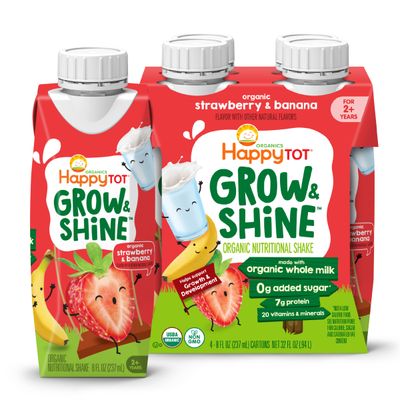 Happy Tot Organic Grow Shine, Whole Milk-Based Tot Nutrition Shake, Strawberry Banana, for Growing Toddlers Picky Eaters, 8 Fl Oz (Pack of 4)