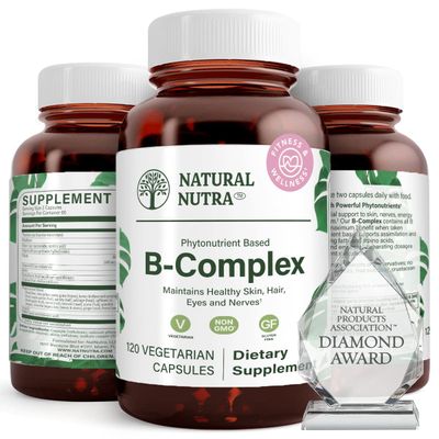 Natural Nutra Vitamin B Complex with Niacin, Folate, Thiamin, Biotin, Supports Nervous System Health, Promotes Metabolism, Skin, Eyes and Hair Health, Whole Food Supplement, 120 Vegetarian Capsules