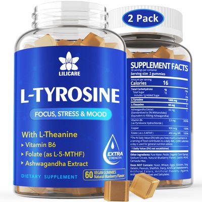 L Tyrosine Gummies 1100mg Mood Support Blend, with Ashwagandha, L-Theanine, Vitamin B Complex B6, Folate(Vitamin B9), Focus Memory, Cognition Brain Function, Energy Boost,Stress Support, 2Pc120ct