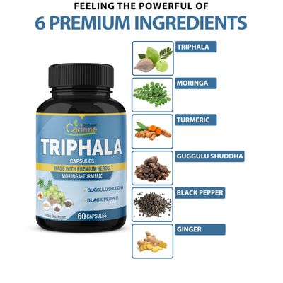 Organic Cadane Triphala Extract Capsules Turmeric, Guggul, Ginger, Black Pepper, Moringa - Complex Supplement Herbs