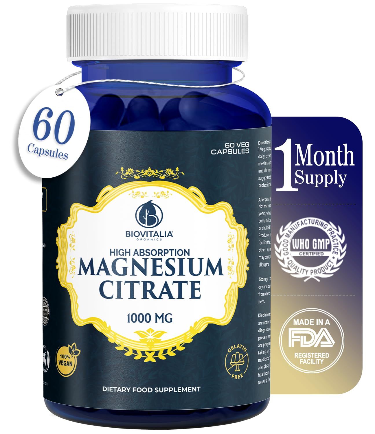 Biovitalia Magnesium Citrate Supplement for Sleep Heart Health Cognitive Health Bone Health Energy Muscles Metabolism with Premium Magnesium - 60 Vegan 1000mg Capsules