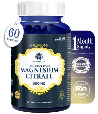 Biovitalia Magnesium Citrate Supplement for Sleep Heart Health Cognitive Health Bone Health Energy Muscles Metabolism with Premium Magnesium - 60 Vegan 1000mg Capsules