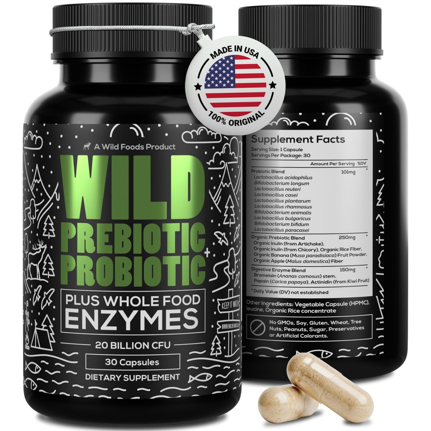 Wild Prebiotics and Probiotics with Digestive Enzymes 20 Billion CFU - 10 Strains for Women Men Support Gut Health Digestion Supplements Non-GMO Prebiotic Fiber 30 Capsules