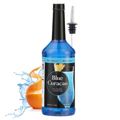 Blue Curacao Syrup Non-Alcoholic. Original Bitter Orange Citrus Flavor. Great for Cocktails, Mocktails (1 Liter) ATREVO Liquor Pourer Dispenser Bundle.