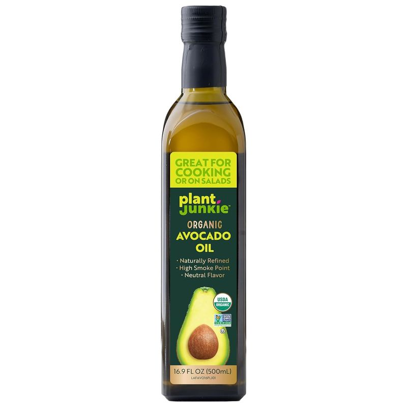 Plant Junkie Organic Refined Avocado Oil, Non-GMO Cooking Oil, Kosher, Keto and Paleo Diet Friendly, for High-Heat Cooking, Frying, Baking, Avocado Oil, 16.9 Fl Oz (500mL)