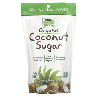 NOW Foods, Certified Organic Coconut Sugar, Alternative to Table Sugar, Low Glycemic Impact, from Sustainably Harvested Coconuts, Certified Non-GMO, 16-Ounce (Packaging May Vary)