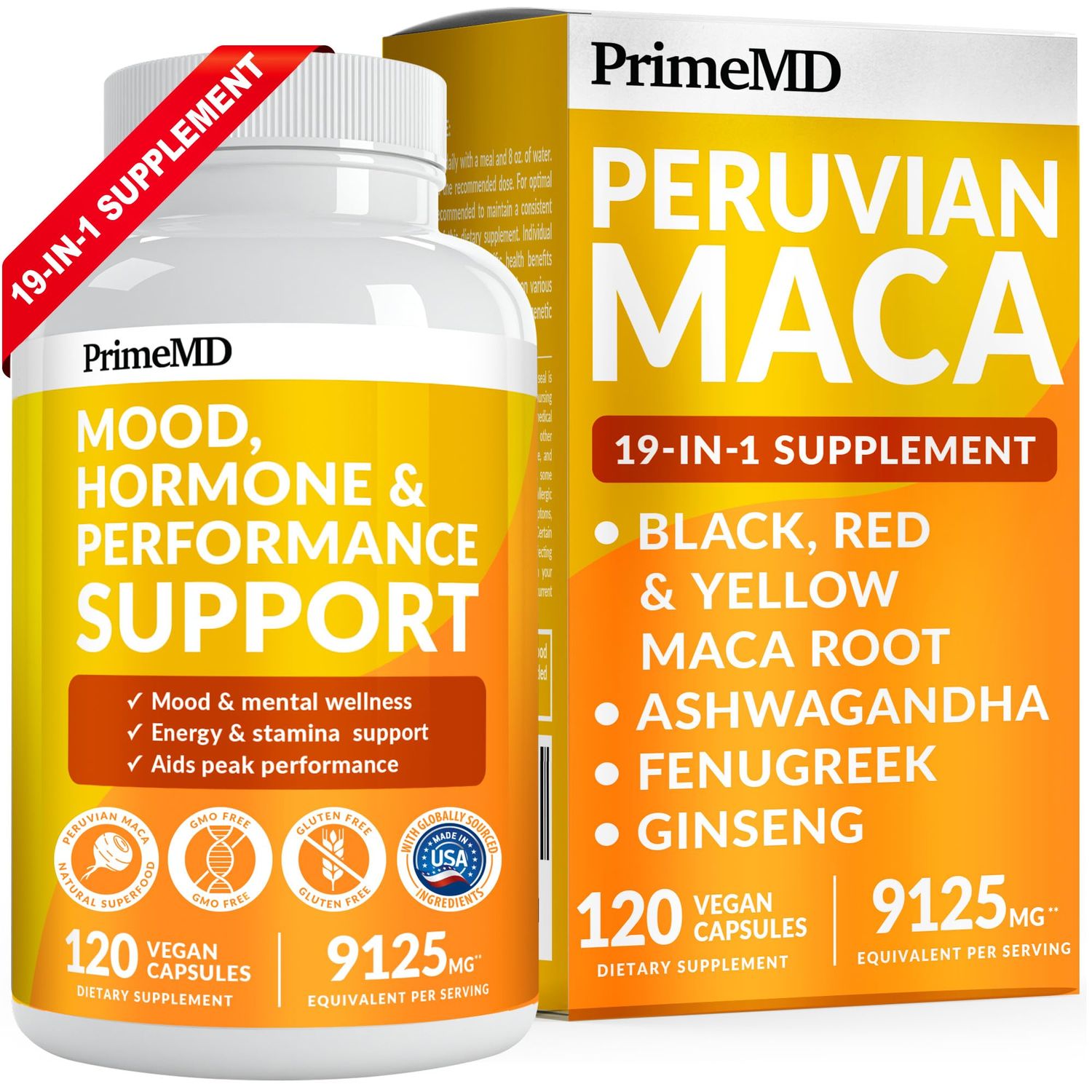 PrimeMD 19-in-1 Peruvian Maca Root Capsules - 9125 mg Ashwagandha Supplements with Maca Fenugreek and Ginseng for Mood, Hormone Performance Support (120 Capsules)