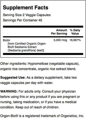 Swanson Real Food Biotin Vitamin B-7 Hair Skin Nail Metabolism Health from Organic Hummingbird Tree Extract Vegan Gluten-Free Non-GMO B7 5000 mcg 90 Veggie Capsules (Caps)