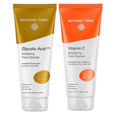 Botanic Tree Double Face Wash Kit - Gentle Facial Cleanser Set of Glycolic Acid Exfoliator Facewash And Vitamin C Cleanser for Women, Men - Natural Exfoliating Scrub Set for Oily, Dry, Sensitive Skin