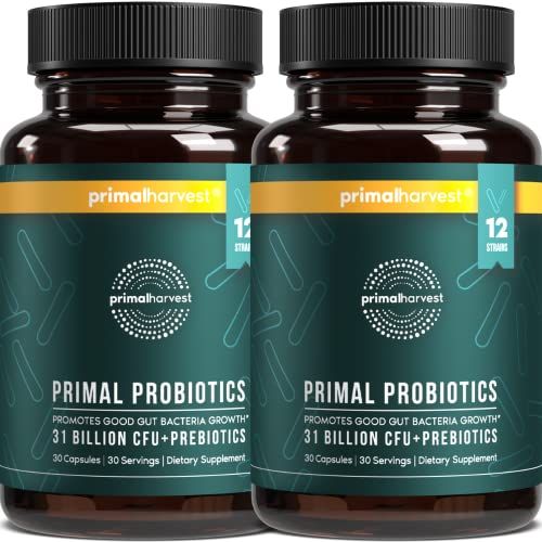 Primal Harvest 2 Pack, PREbiotics and PRObiotics for Women Men, Primal Probiotics 30 Oral Probiotics Capsules for Gut Health, 12 Dynamic Strains Probiotics for Women Digestive Health