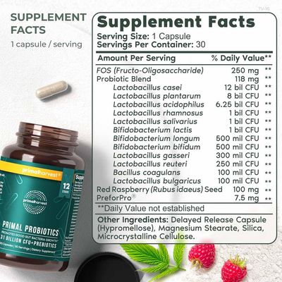 Primal Harvest 2 Pack, PREbiotics and PRObiotics for Women Men, Primal Probiotics 30 Oral Probiotics Capsules for Gut Health, 12 Dynamic Strains Probiotics for Women Digestive Health