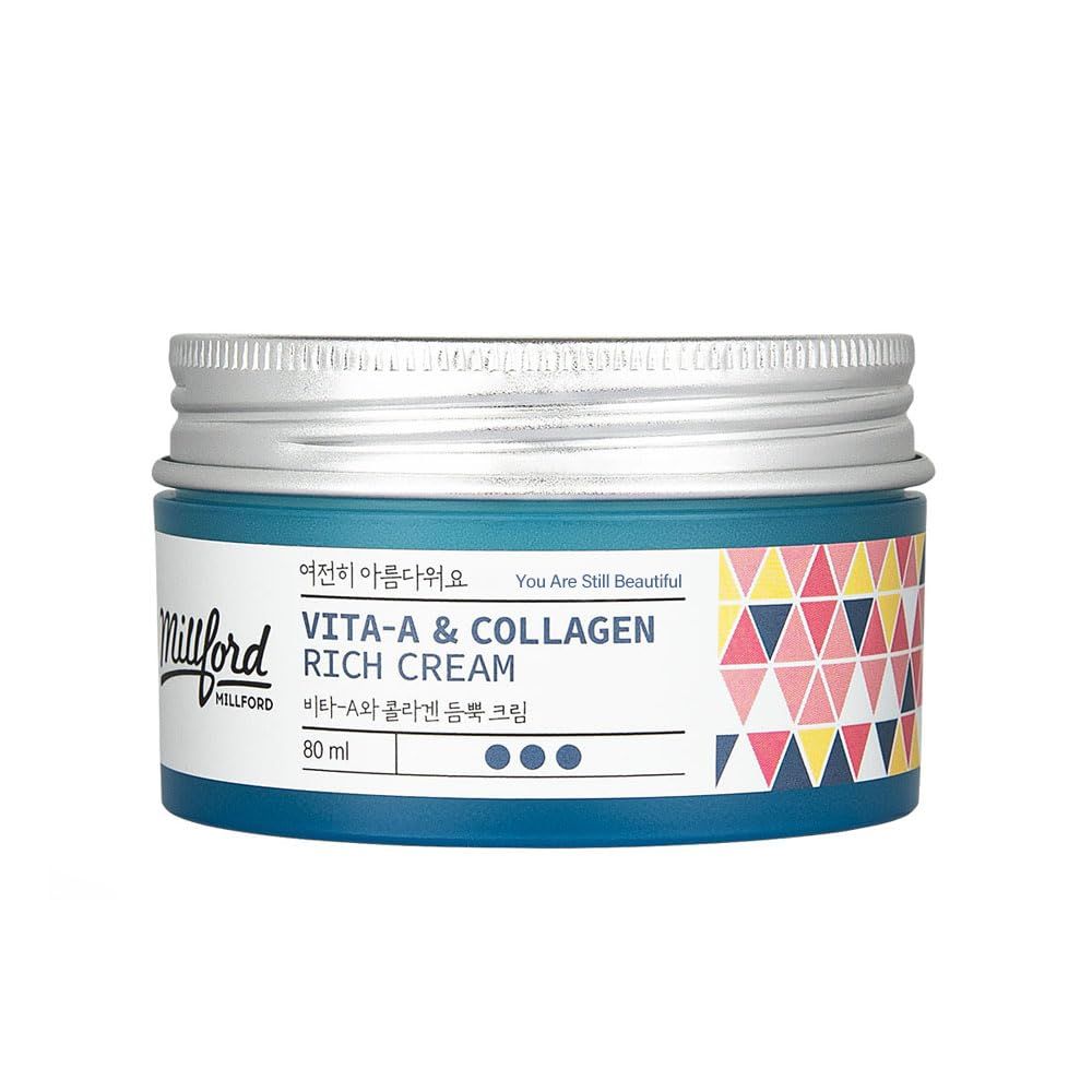 Millford Vita A Collagen Rich Cream 80ml2.7 Oz, FishMarine Collagen, Face Cream, Anti Aging, Facial Moisturizer, Wrinkes, Fine Lines, Retinyl Palmitate, Korean Skincare