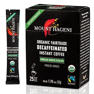 Mount Hagen 25 Count Single Serve Instant Decaf Coffee Packets Decaffeinated Organic Medium Roast Arabica Beans Eco-friendly, Fair-Trade [25 sticks1.76oz50g]