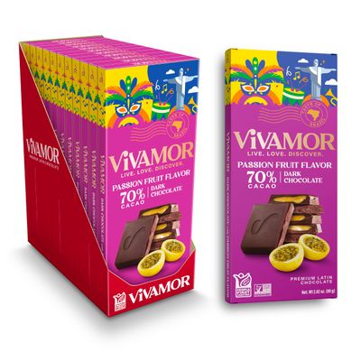 Vivamor Premium Dark Chocolate Bar, Passion Fuit, 2.82 oz, Pack of 12