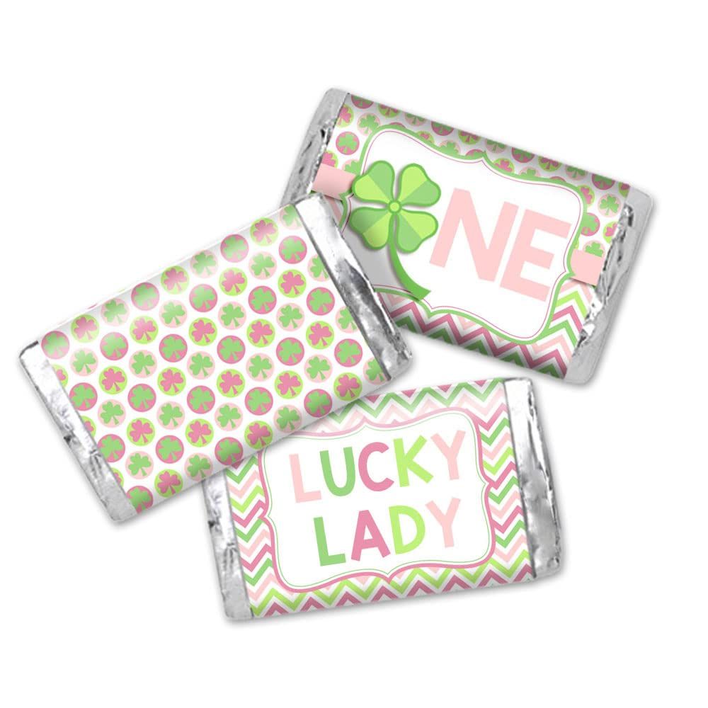 Lucky Lady First Birthday Mini Chocolate Candy Bar Sticker Wrappers for Kids, 45 1.4&quot; x 2.6&quot; Wrap Around Labels by AmandaCreation, Great for Party Favors