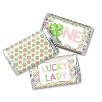 Lucky Lady First Birthday Mini Chocolate Candy Bar Sticker Wrappers for Kids, 45 1.4&quot; x 2.6&quot; Wrap Around Labels by AmandaCreation, Great for Party Favors