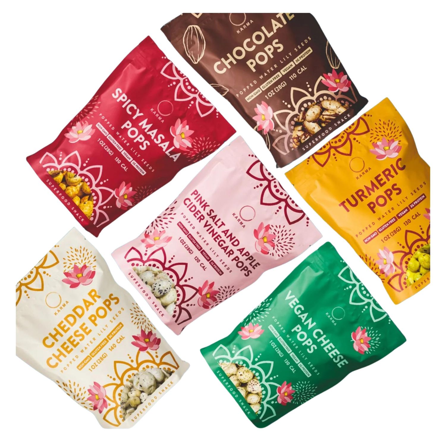 Karma Pops Variety Pack - 3g Protein, Gluten-Free, Vegan, Non-GMO - Turmeric, Chocolate, Cheddar, Masala Popped Water Lily Seeds - 1 oz (Pack of 6)