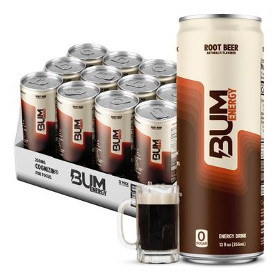 BUM Sugar-Free Energy Drink, Root Beer - Lightly Carbonated No Artificial Colors, Natural Caffeine Citicoline for Energy Focus, Brain Boost Workout Sports Beverage - 12 oz, Pack of 12