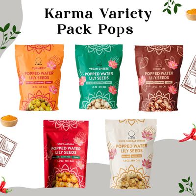 Karma Pops Variety Pack - 3g Protein, Gluten-Free, Vegan, Non-GMO - Turmeric, Chocolate, Cheddar, Masala Popped Water Lily Seeds - 1 oz (Pack of 6)