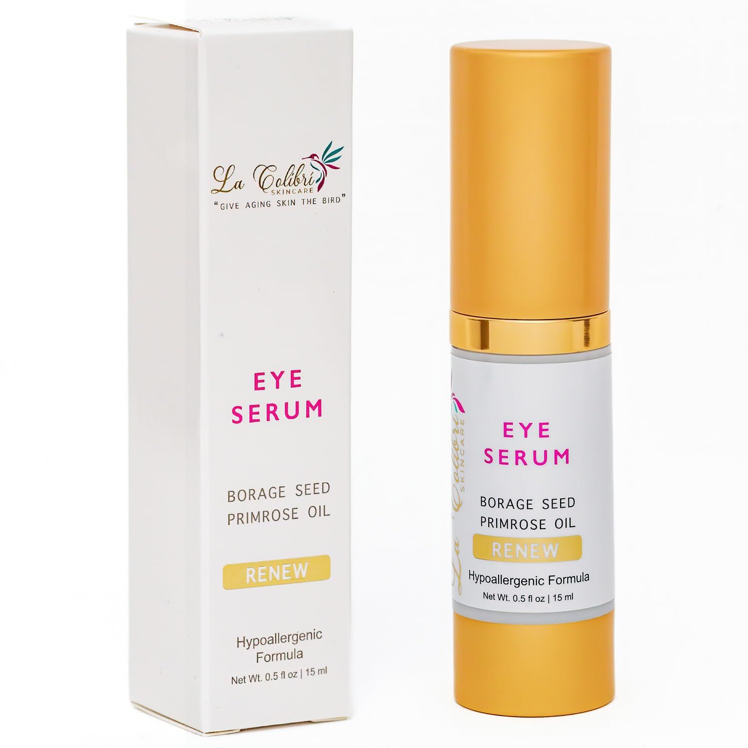 La Colibri Skincare Renew Vegan Under Eye Serum for Dark Circles and Puffiness - Aging Skin Serum for Eye Bags, Fine Lines, Wrinkles, Crows Feet with Borage and Primrose - 0.5 Ounces