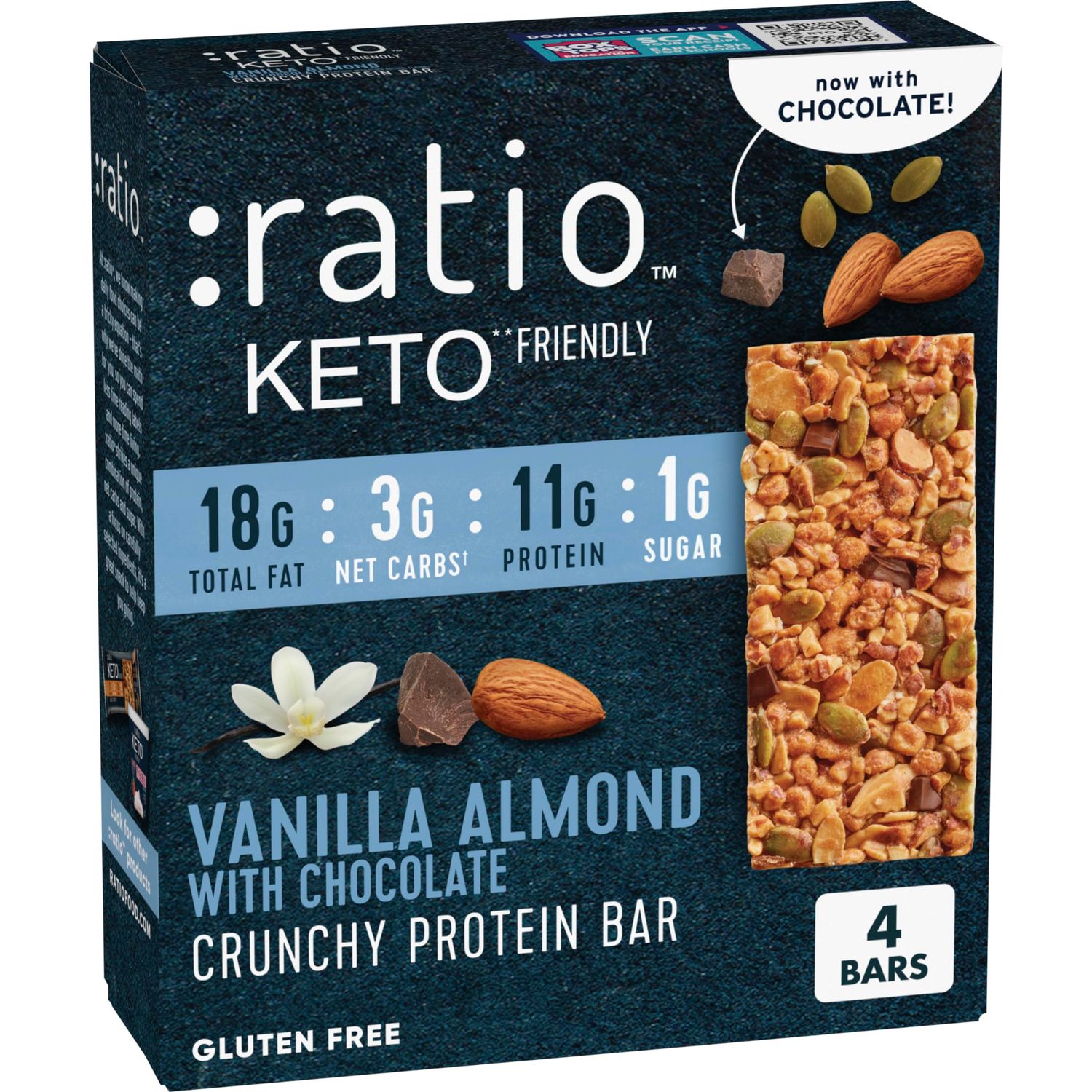 Ratio Crunchy Protein Bar, Vanilla Almond With Chocolate, 11g Protein, Keto Friendly, 5.8 oz (4 Bars)